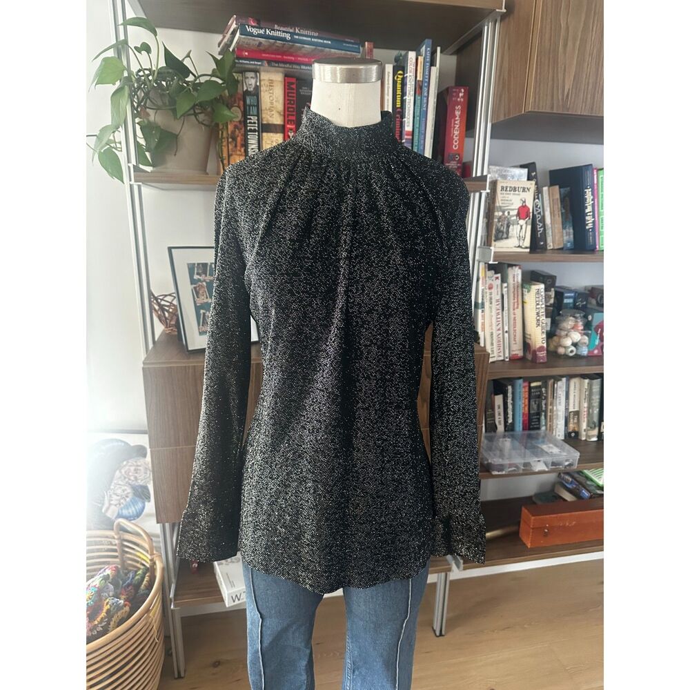 Funky Vintage 70s Black Metallic Knit Mock Neck Top Size M